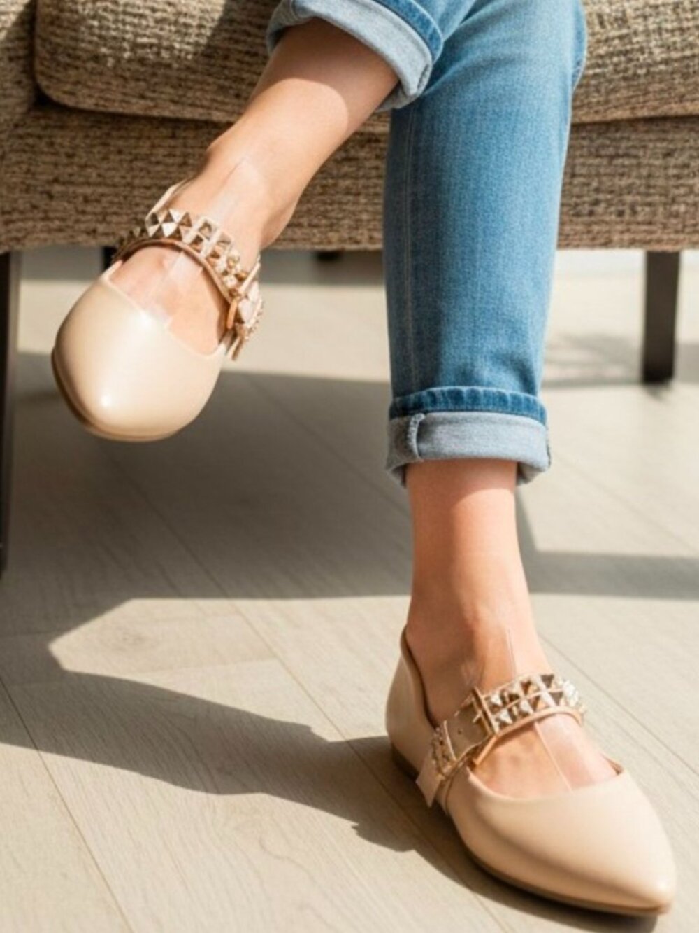 Studded Metallic Strap Beige Pointed-Toe Flats For Girls - Comfortable & Stylish - Picture 10 of 10
